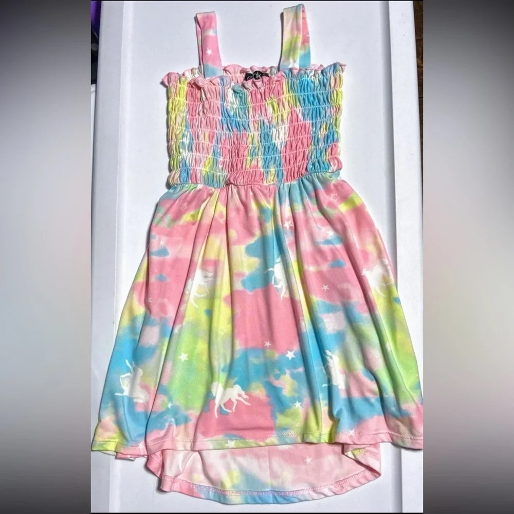 Kids Girls Size XS 4/5 Maxi Dress Set Of 2 Tie Dye Unicorn & Blue Flowers NEW